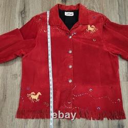 Vtg CHAR Santa Fe USA Red Suede Western Jacket Hand Painted Horse Fringe Size L