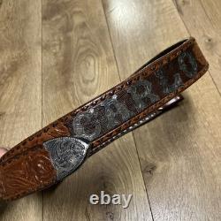 Vtg Carlo Sterling Silver Western Tooled Belt Name Phoenix Mfg USA Brown 42 XL