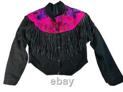 Vtg Chasser Fringe Leather Jacket Western Black Suede 90s Boho Womens L Cowgirl