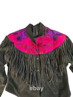 Vtg Chasser Fringe Leather Jacket Western Black Suede 90s Boho Womens L Cowgirl