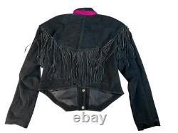Vtg Chasser Fringe Leather Jacket Western Black Suede 90s Boho Womens L Cowgirl