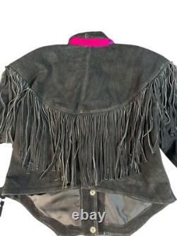 Vtg Chasser Fringe Leather Jacket Western Black Suede 90s Boho Womens L Cowgirl