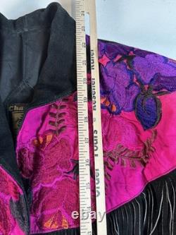 Vtg Chasser Fringe Leather Jacket Western Black Suede 90s Boho Womens L Cowgirl