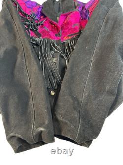 Vtg Chasser Fringe Leather Jacket Western Black Suede 90s Boho Womens L Cowgirl