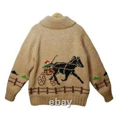 Vtg Curling Sweater Horse Racing Derby Hand Knit Wool Cowichan Cardigan Large