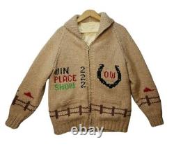 Vtg Curling Sweater Horse Racing Derby Hand Knit Wool Cowichan Cardigan Large
