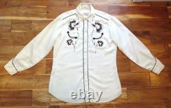 Vtg H Bar C California Ranchwear Pearl Snap Shirt Embroidered Smile 1950s L