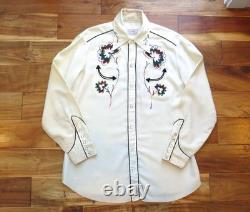 Vtg H Bar C California Ranchwear Pearl Snap Shirt Embroidered Smile 1950s L