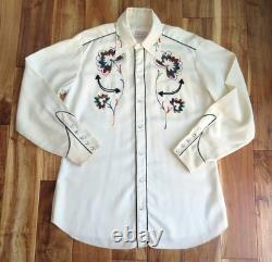 Vtg H Bar C California Ranchwear Pearl Snap Shirt Embroidered Smile 1950s L