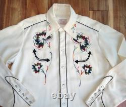Vtg H Bar C California Ranchwear Pearl Snap Shirt Embroidered Smile 1950s L