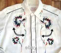 Vtg H Bar C California Ranchwear Pearl Snap Shirt Embroidered Smile 1950s L