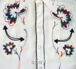 Vtg H Bar C California Ranchwear Pearl Snap Shirt Embroidered Smile 1950s L