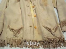 Vtg Handmade Women's Boho Cream Leather Western Fringe Jacket SZ L Good Cond
