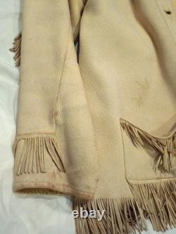 Vtg Handmade Women's Boho Cream Leather Western Fringe Jacket SZ L Good Cond