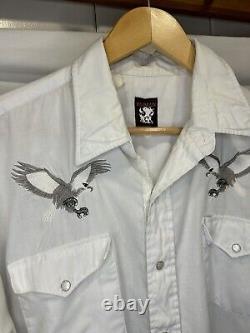 Vtg Karman Eagle White Western Pearl Snap Shirt White Piping Embroidery Large