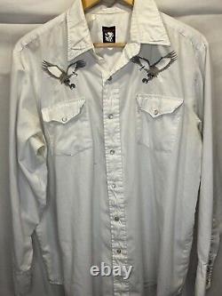 Vtg Karman Eagle White Western Pearl Snap Shirt White Piping Embroidery Large