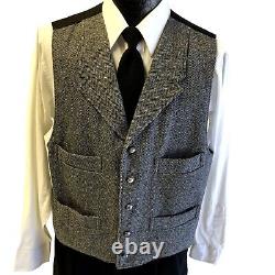 Vtg Miller Black Gray HERRINGBONE Cowboy Western Waistcoat WOOL Tweed Vest L