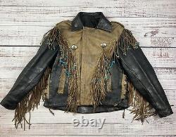 Vtg Native American Leather Fringe Western Jacket Coat Women's Sz L Boho Moto