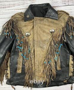 Vtg Native American Leather Fringe Western Jacket Coat Women's Sz L Boho Moto