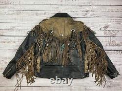 Vtg Native American Leather Fringe Western Jacket Coat Women's Sz L Boho Moto