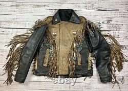 Vtg Native American Leather Fringe Western Jacket Coat Women's Sz L Boho Moto