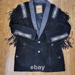 Vtg Phoenix Frontier Black Western Suede Tassel Beaded Long Coat Jacket L USA