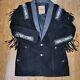 Vtg Phoenix Frontier Black Western Suede Tassel Beaded Long Coat Jacket L USA