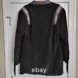 Vtg Phoenix Frontier Black Western Suede Tassel Beaded Long Coat Jacket L USA