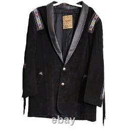 Vtg Phoenix Frontier Black Western Suede Tassel Beaded Long Coat Jacket L USA