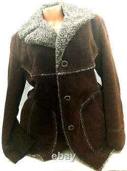 Vtg Sherpa Coat Mens Western Jacket Suede Leather Button Split Cowhide Brown 42L