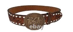 Vtg Tooled Western Belt with Award Medals Brass Buckle Customized SUE Women's L