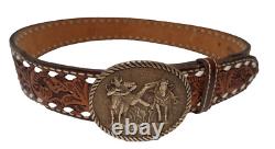 Vtg Tooled Western Belt with Award Medals Brass Buckle Customized SUE Women's L