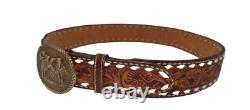 Vtg Tooled Western Belt with Award Medals Brass Buckle Customized SUE Women's L