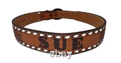 Vtg Tooled Western Belt with Award Medals Brass Buckle Customized SUE Women's L