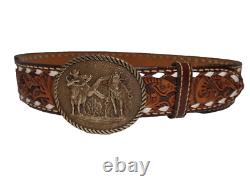 Vtg Tooled Western Belt with Award Medals Brass Buckle Customized SUE Women's L