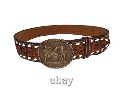 Vtg Tooled Western Belt with Award Medals Brass Buckle Customized SUE Women's L