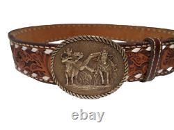 Vtg Tooled Western Belt with Award Medals Brass Buckle Customized SUE Women's L