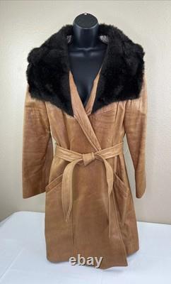 Vtg Tregos Leather Trench Coat Western Faux Fur Penny Lane Boho Wmns 12R Belted