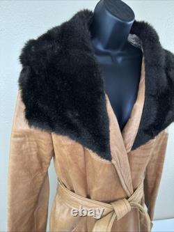 Vtg Tregos Leather Trench Coat Western Faux Fur Penny Lane Boho Wmns 12R Belted