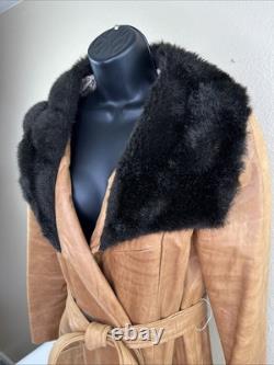 Vtg Tregos Leather Trench Coat Western Faux Fur Penny Lane Boho Wmns 12R Belted