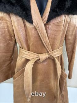 Vtg Tregos Leather Trench Coat Western Faux Fur Penny Lane Boho Wmns 12R Belted