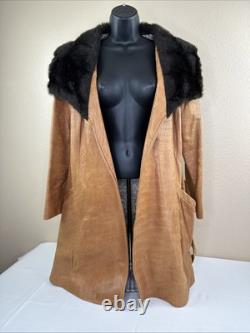 Vtg Tregos Leather Trench Coat Western Faux Fur Penny Lane Boho Wmns 12R Belted