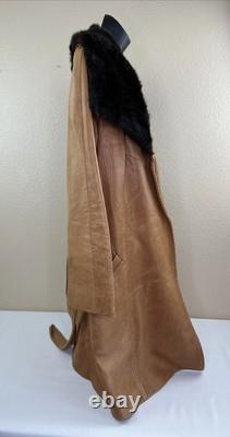 Vtg Tregos Leather Trench Coat Western Faux Fur Penny Lane Boho Wmns 12R Belted