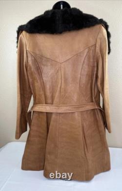Vtg Tregos Leather Trench Coat Western Faux Fur Penny Lane Boho Wmns 12R Belted