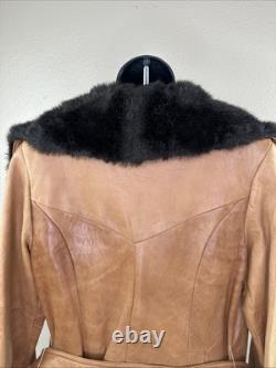 Vtg Tregos Leather Trench Coat Western Faux Fur Penny Lane Boho Wmns 12R Belted