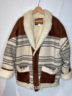 Vtg Western Blanket Leather&wool Shearling Marlboro Man Rancher Jacket Coatl/xl