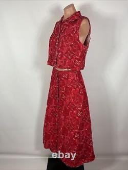Vtg Western Denim Crop Top Skirt Set USA Prairie Heat Red Paisley All Over Print
