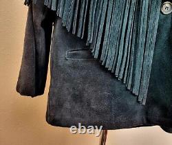 Vtg Women's Large Western Schott Suede Teal Fringe Leather Jacket Size 12 USA