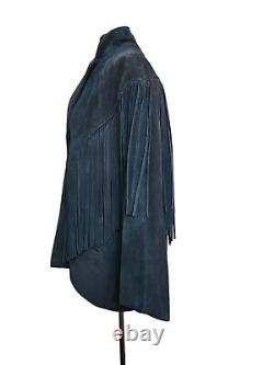 Vtg Women's Large Western Schott Suede Teal Fringe Leather Jacket Size 12 USA