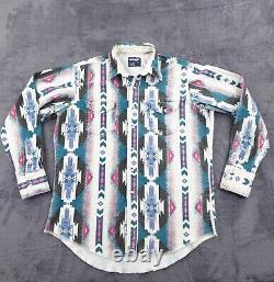 Vtg Wrangler Brushpopper Pearl Snap Shirt Mens 17 Southwestern Aztec Bold Ranch